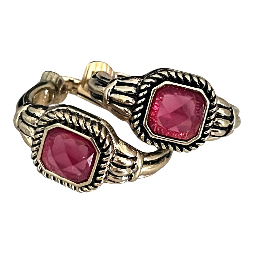 Vintage 1980s Hoop Clip Earrings Faceted Pink Stone Gold Tone - 9L
